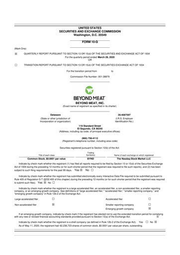 Miniature Beyond Meat 10-Q Rapport trimestriel 2020 