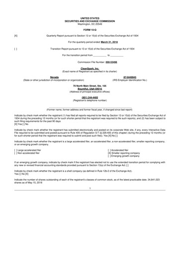 Miniature CleanSpark 10-Q Rapport trimestriel 2018 