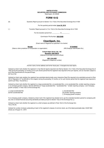 Miniature CleanSpark 10-Q Rapport trimestriel 2019 