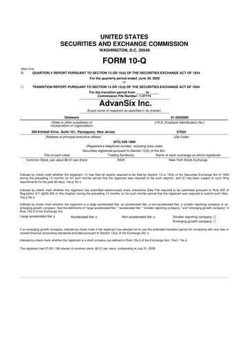 Thumbnail AdvanSix
 10-Q Quarterly Report FY2026 