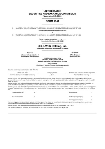 Thumbnail Jeld-Wen 10-Q Quarterly Report FY2020 