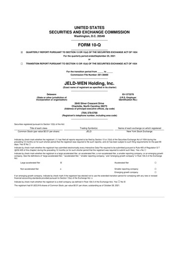 Thumbnail Jeld-Wen 10-Q Quarterly Report FY2021 