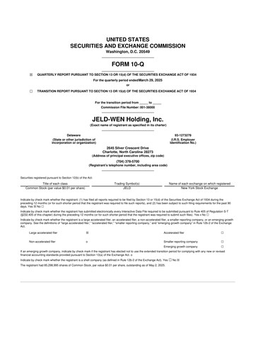 Thumbnail Jeld-Wen 10-Q Quarterly Report FY2025 