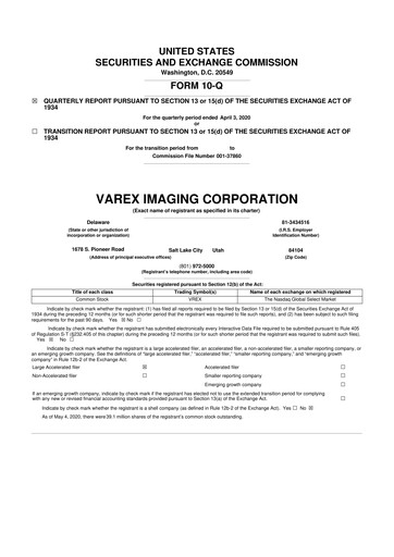 Thumbnail Varex Imaging
 10-Q Quarterly Report FY2020 