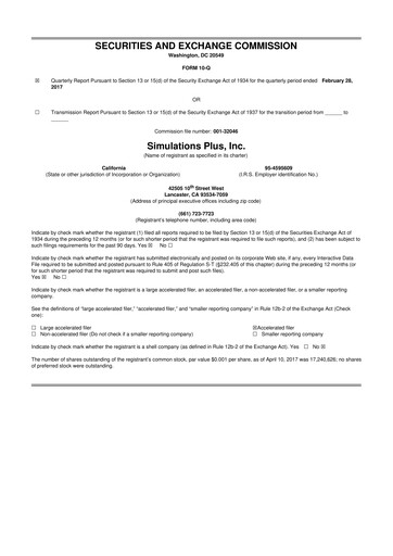 Miniature Simulations Plus
 10-Q Rapport trimestriel 2017 