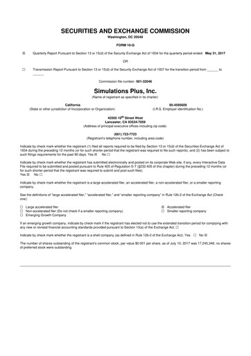 Miniature Simulations Plus
 10-Q Rapport trimestriel 2017 