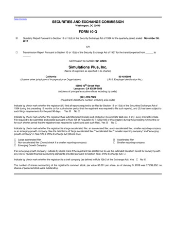Miniature Simulations Plus
 10-Q Rapport trimestriel 2018 