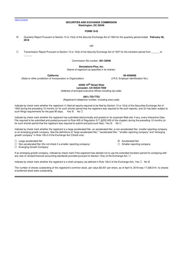 Miniature Simulations Plus
 10-Q Rapport trimestriel 2018 
