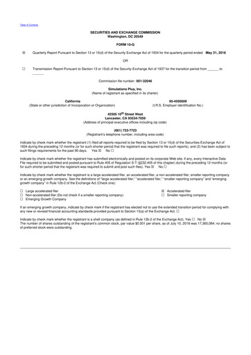 Miniature Simulations Plus
 10-Q Rapport trimestriel 2018 