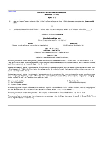 Miniature Simulations Plus
 10-Q Rapport trimestriel 2019 