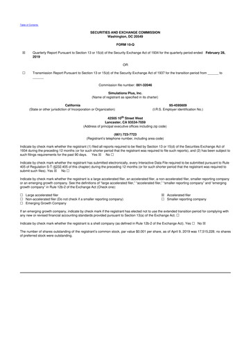 Miniature Simulations Plus
 10-Q Rapport trimestriel 2019 