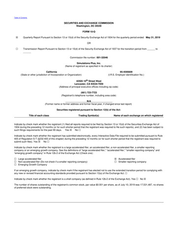 Miniature Simulations Plus
 10-Q Rapport trimestriel 2019 