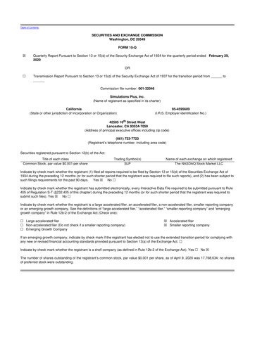 Miniature Simulations Plus
 10-Q Rapport trimestriel 2020 