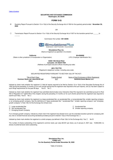Miniature Simulations Plus
 10-Q Rapport trimestriel 2021 