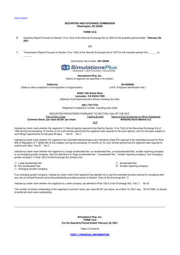 Miniature Simulations Plus
 10-Q Rapport trimestriel 2021 