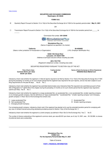 Miniature Simulations Plus
 10-Q Rapport trimestriel 2021 