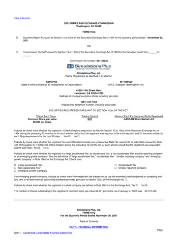Miniature Simulations Plus
 10-Q Rapport trimestriel 2022 