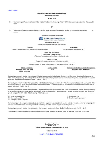 Miniature Simulations Plus
 10-Q Rapport trimestriel 2022 