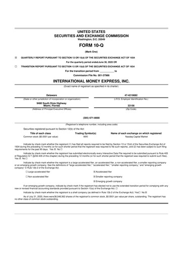 Thumbnail International Money Express 10-Q Quarterly Report FY2020 