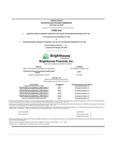 Thumbnail Brighthouse Financial
 10-Q Quarterly Report FY 