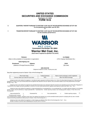 Thumbnail Warrior Met Coal
 10-Q Quarterly Report FY2019 