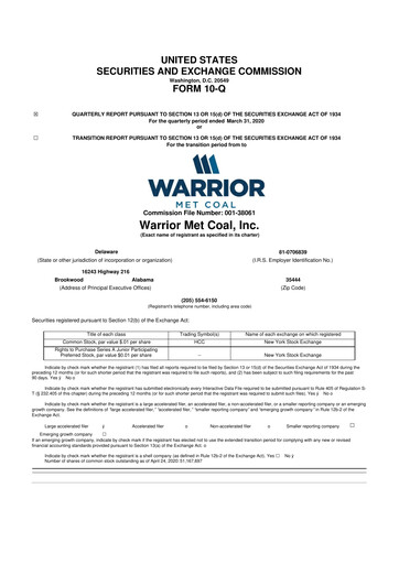 Thumbnail Warrior Met Coal
 10-Q Quarterly Report FY2020 