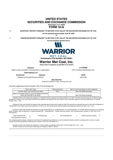 Thumbnail Warrior Met Coal
 10-Q Quarterly Report FY2020 