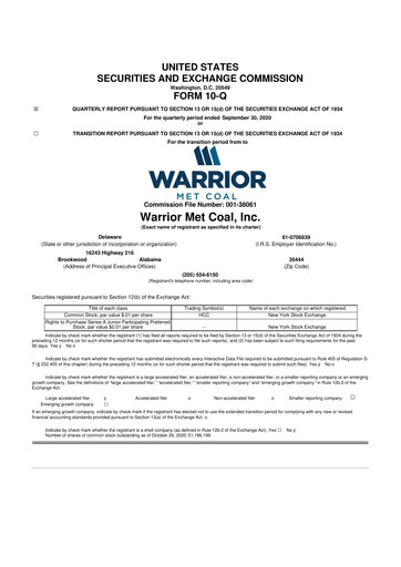 Thumbnail Warrior Met Coal
 10-Q Quarterly Report FY2020 