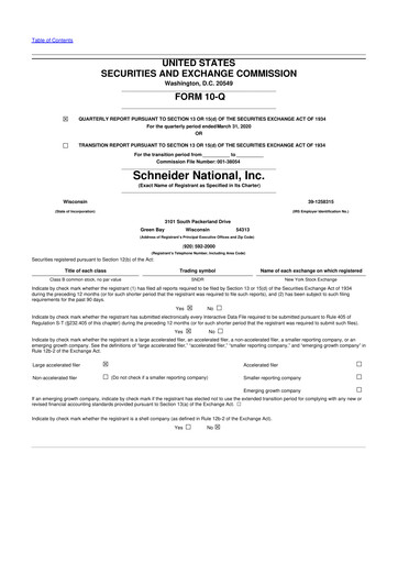 Thumbnail Schneider National 10-Q Quarterly Report FY2020 