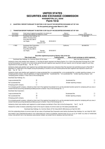 Thumbnail Southwest Gas
 10-Q Quarterly Report FY 