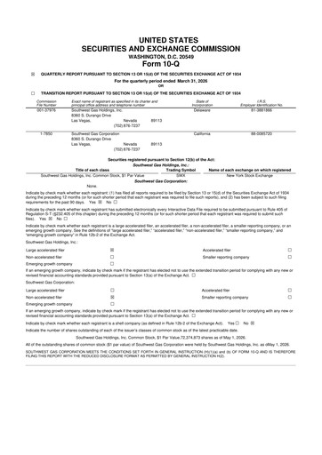 Miniature Southwest Gas
 10-Q Rapport trimestriel  