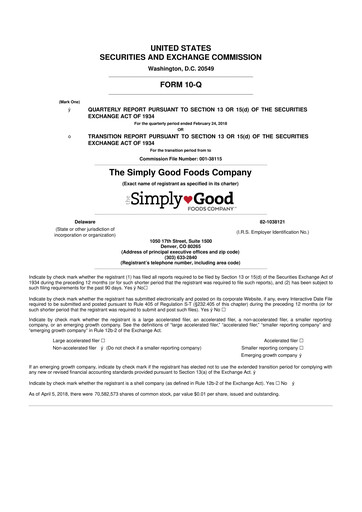 Thumbnail Simply Good Foods 10-Q Quarterly Report FY2018 