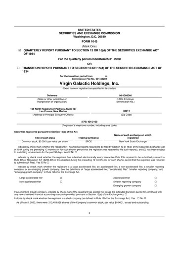 Miniature Virgin Galactic
 10-Q Rapport trimestriel 2020 