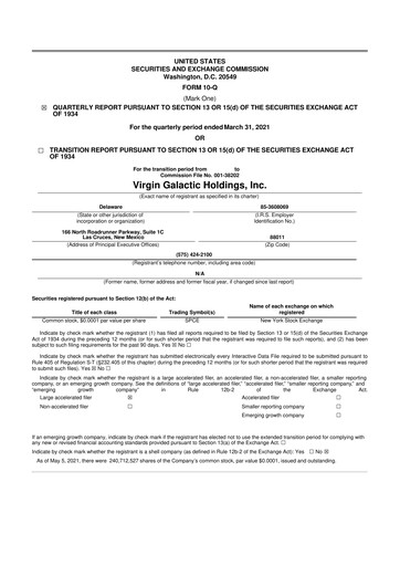 Miniature Virgin Galactic
 10-Q Rapport trimestriel 2021 