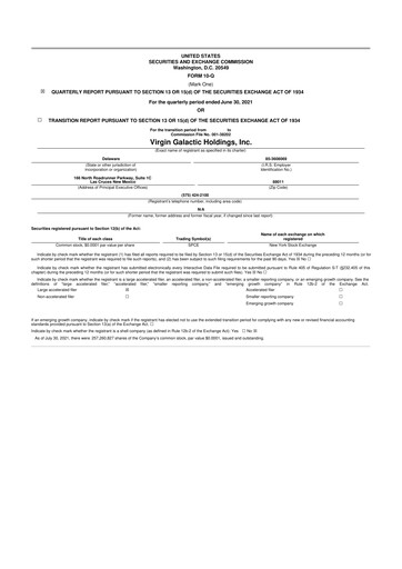 Miniature Virgin Galactic
 10-Q Rapport trimestriel 2021 