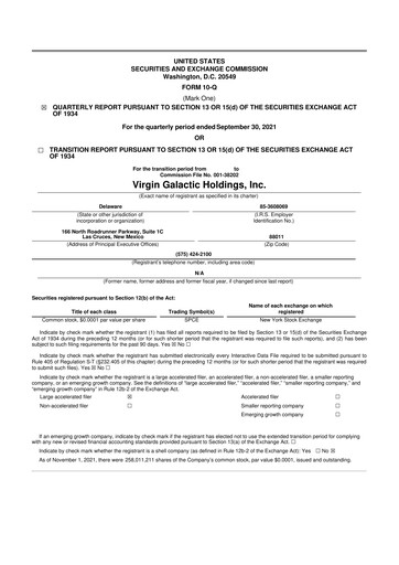 Miniature Virgin Galactic
 10-Q Rapport trimestriel 2021 