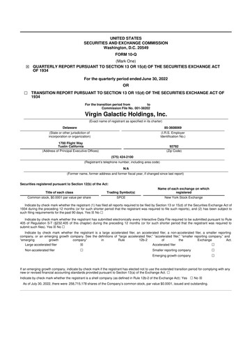 Miniature Virgin Galactic
 10-Q Rapport trimestriel 2022 