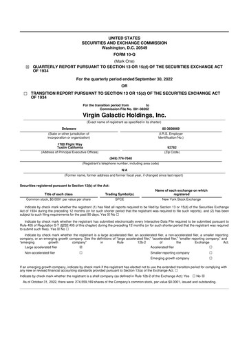 Miniature Virgin Galactic
 10-Q Rapport trimestriel 2022 