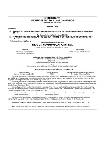 Thumbnail Ribbon Communications 10-Q Quarterly Report FY2021 