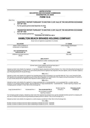 Thumbnail Hamilton Beach Brands 10-Q Quarterly Report FY2018 