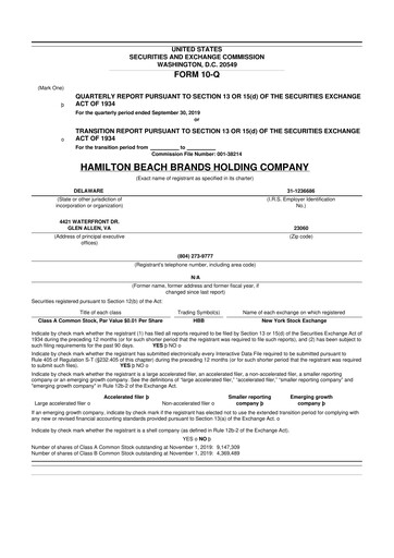 Thumbnail Hamilton Beach Brands 10-Q Quarterly Report FY2019 