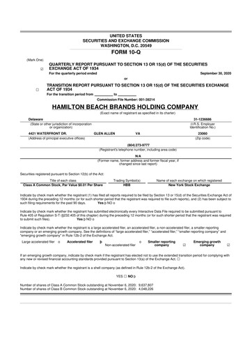 Thumbnail Hamilton Beach Brands 10-Q Quarterly Report FY2020 