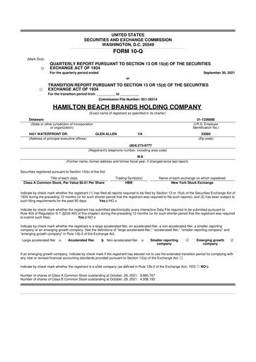 Thumbnail Hamilton Beach Brands 10-Q Quarterly Report FY2021 