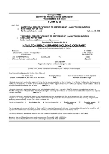 Thumbnail Hamilton Beach Brands 10-Q Quarterly Report FY2022 