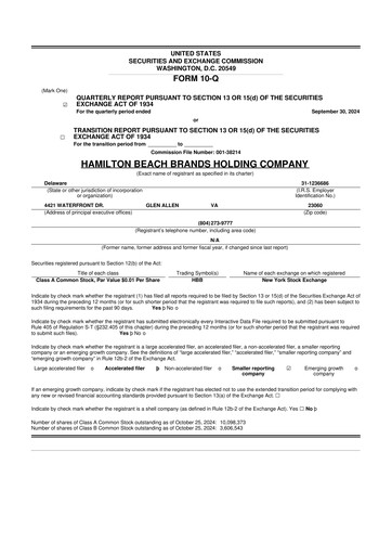 Thumbnail Hamilton Beach Brands 10-Q Quarterly Report FY2024 