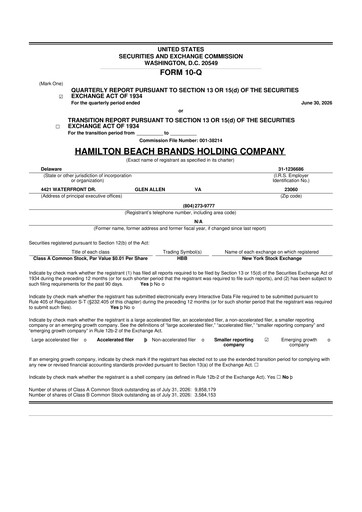 Thumbnail Hamilton Beach Brands 10-Q Quarterly Report FY2026 