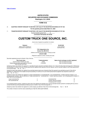 Miniature Custom Truck One Source 10-Q Rapport trimestriel 2022 
