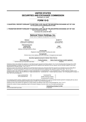 Miniature National Vision Holdings 10-Q Rapport trimestriel 2020 