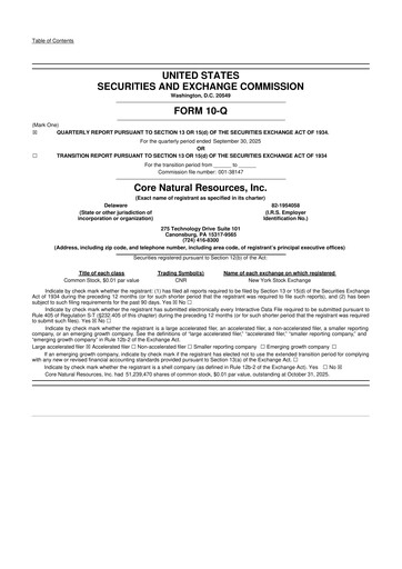 Vorschaubild Core Natural Resources 10-Q Quartalsbericht 2025 