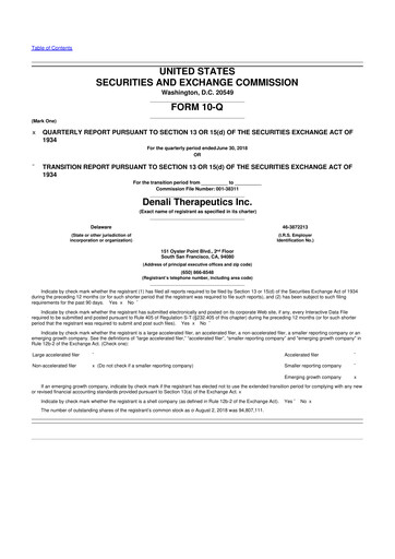 Thumbnail Denali Therapeutics
 10-Q Quarterly Report FY2018 